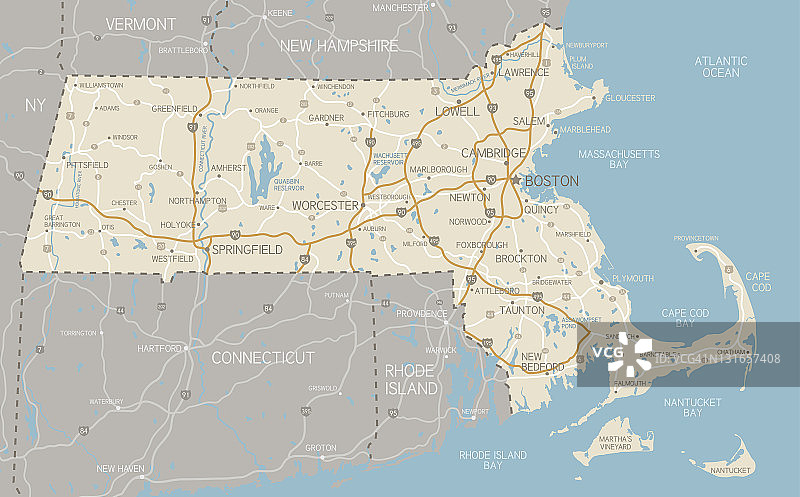 带高速公路的马萨诸塞州地图图片素材