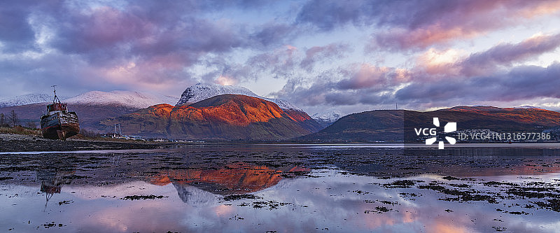 日落时分的英国苏格兰本尼维斯山和埃尔湖图片素材