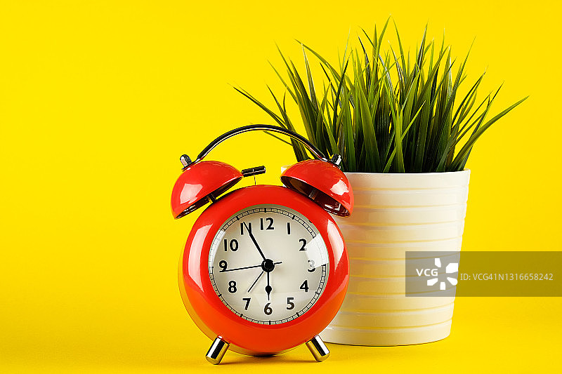 明黄色背景上的红色复古闹钟，旁边是盆栽花卉或室内绿色植物，工作场所，办公桌，时间流逝的速度和紧迫感概念图片素材