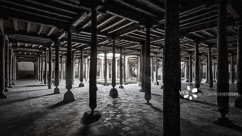 希瓦朱玛清真寺乌兹别克斯坦黑白全景图片素材