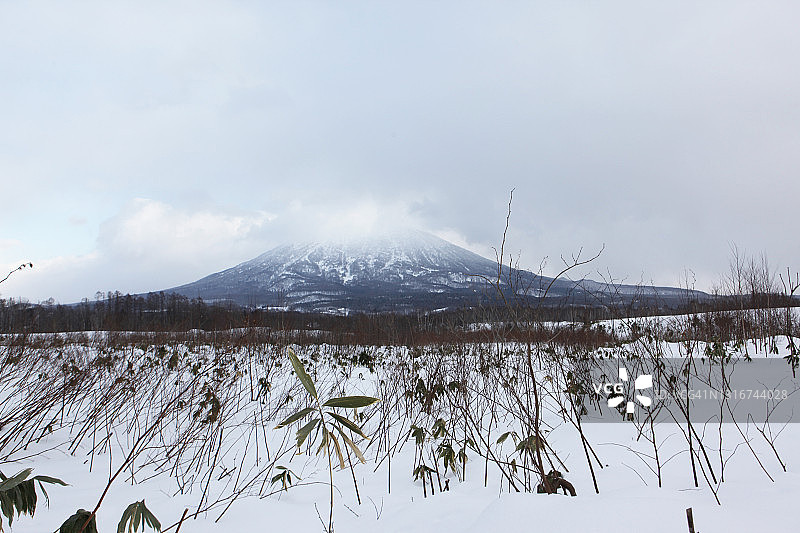 冬季雪景：日本北海道羊蹄山及周边村落图片素材