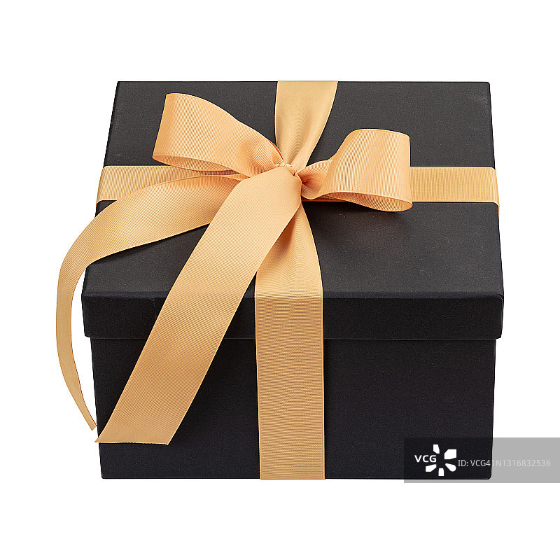 白色背景上孤立的带有大米色蝴蝶结的黑色方形礼品盒图片素材