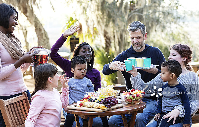 有五个孩子的混合家庭野餐图片素材