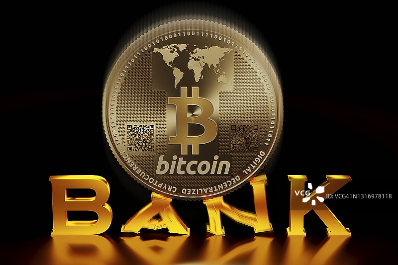 比特币摧毁银行业，概念插图图片素材