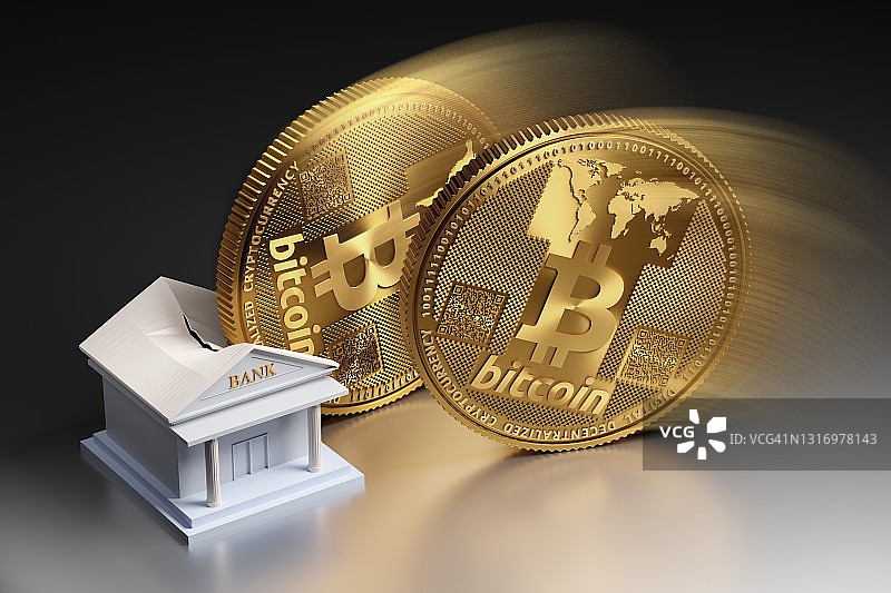 比特币摧毁银行业，概念插图图片素材