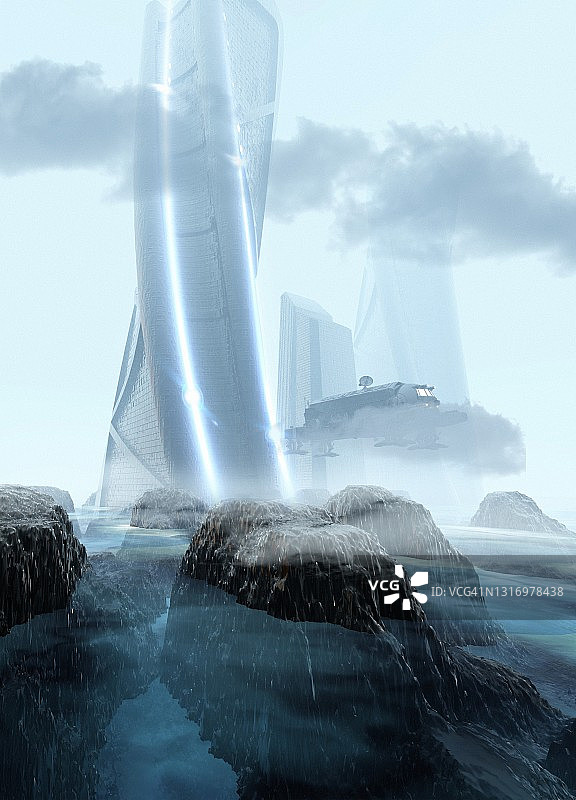 未来建筑附近的飞行车辆插画图片素材