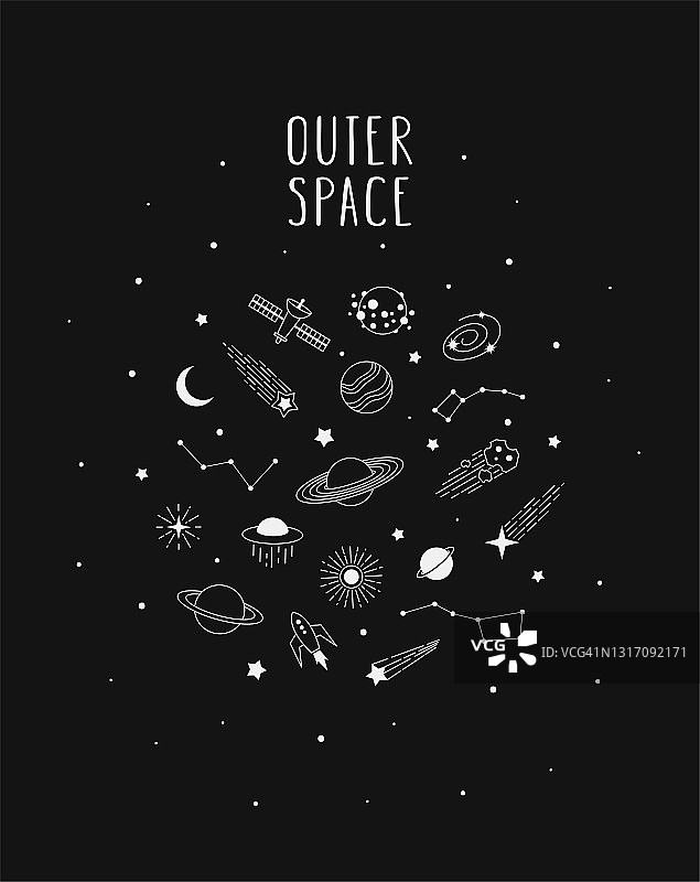 手绘太空涂鸦矢量图：行星、彗星、星座、火箭、卫星、恒星等图片素材