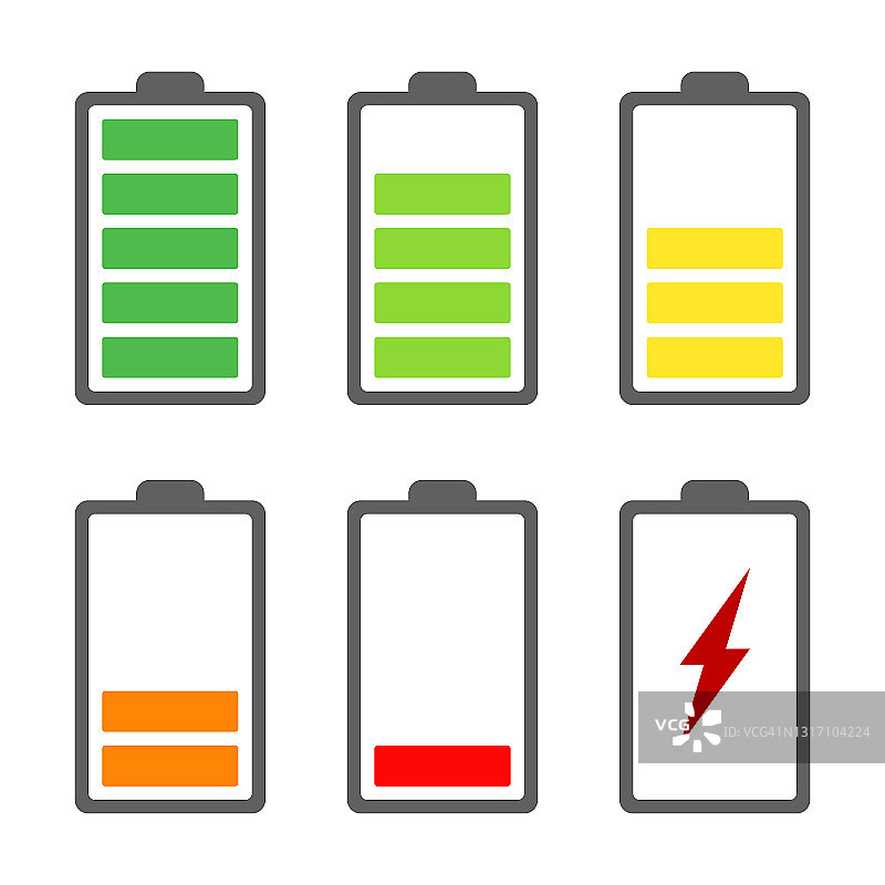 六个不同颜色的电量图标，从满电到低电图片素材