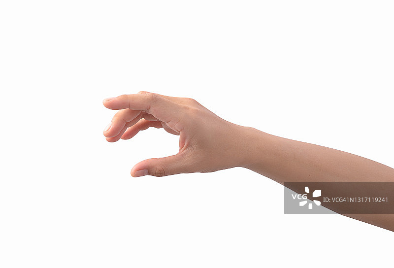 女性的手在白色背景上伸出手或指向某物图片素材