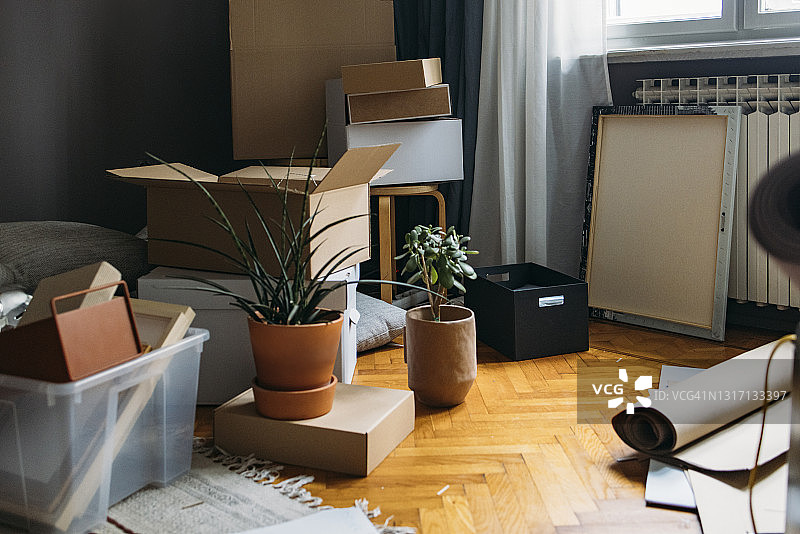 搬家：堆满纸箱和容器的客厅角落静物图片素材