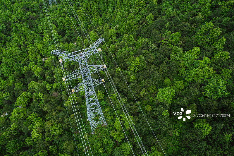 中国高山森林中的电力线路航拍图片素材