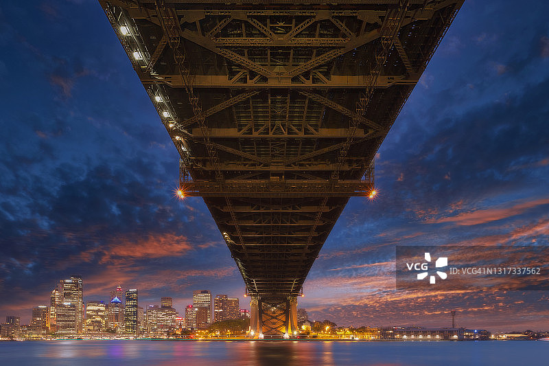 悉尼海港大桥下摩天大楼日落景色图片素材