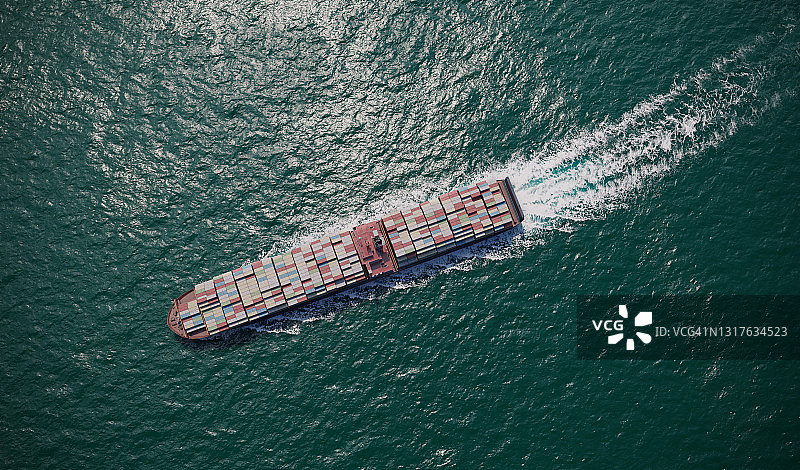 海上大型集装箱货轮鸟瞰图片素材
