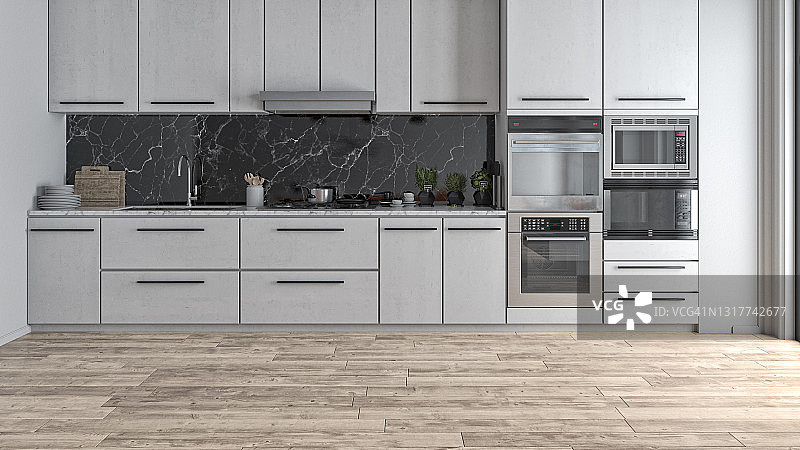 空旷的现代化白色厨房，侧面有窗户图片素材