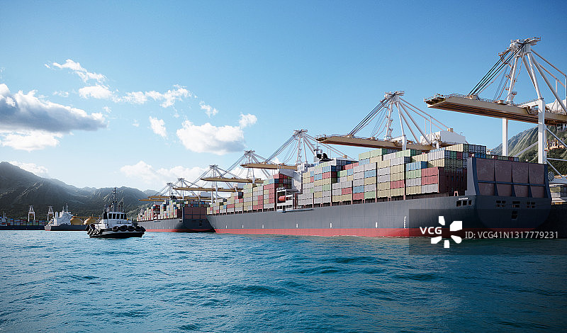 造船厂码头的集装箱船3D渲染图片素材