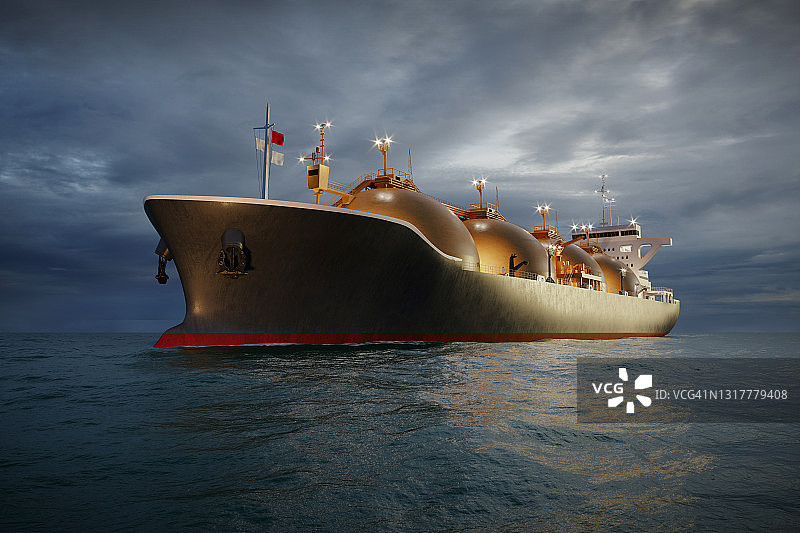 夜间航行在海上的液化天然气运输船3D渲染图片素材
