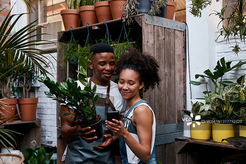 年轻男女在园艺中心工作时使用智能手机图片素材