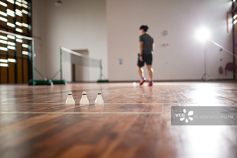 在羽毛球场进行耐力训练的亚洲羽毛球运动员图片素材