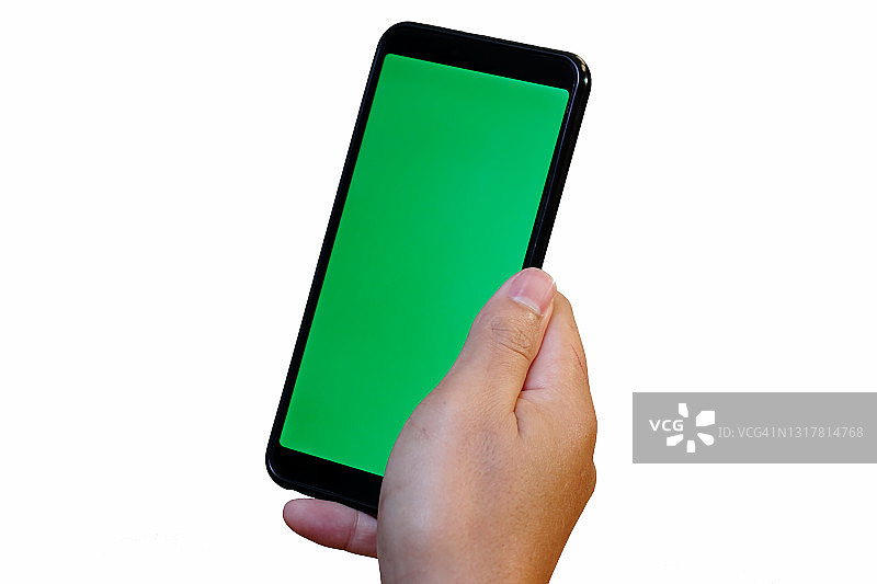 手持白色背景上的绿屏智能手机图片素材
