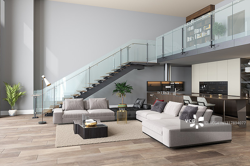 带沙发、开放式厨房和楼梯的豪华客厅图片素材