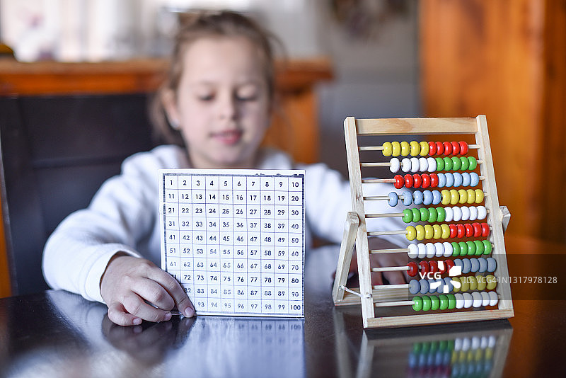 儿童肖像：在家展示算盘和乘法表图片素材