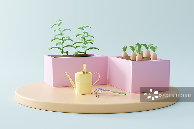 高架花坛中种植的蔬菜3D渲染图片素材