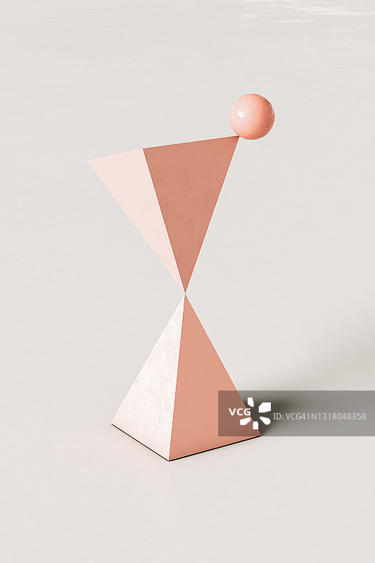 粉色抽象金字塔，顶部平衡的球体位于奶油色背景上图片素材