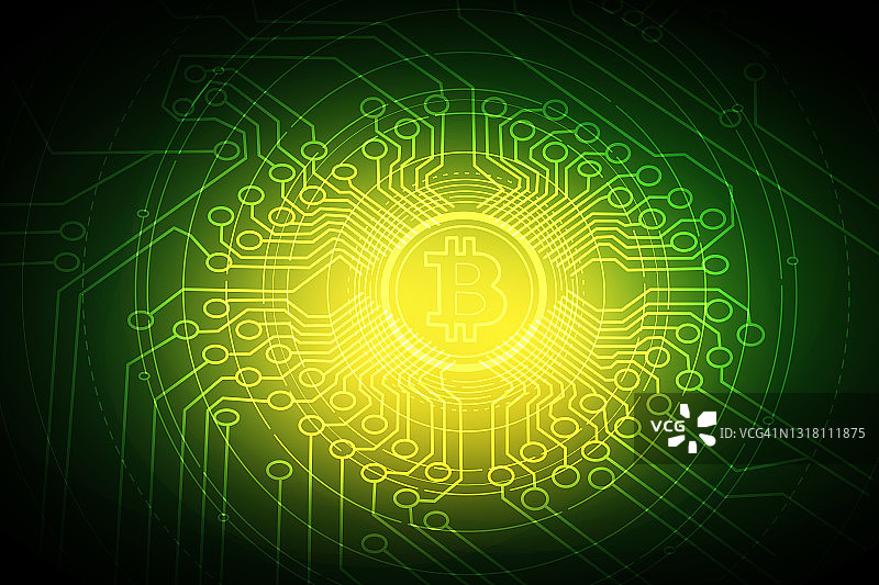 加密货币抽象概念插图：比特币符号与光线图片素材