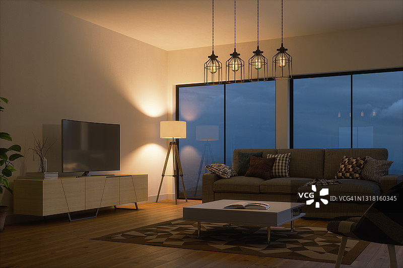 斯堪的纳维亚风格客厅夜景图片素材