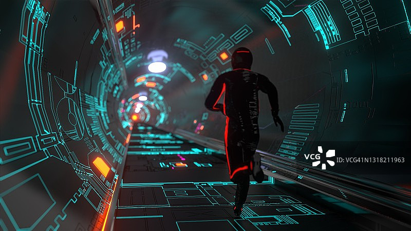 带宇航员走廊的太空传送隧道图片素材