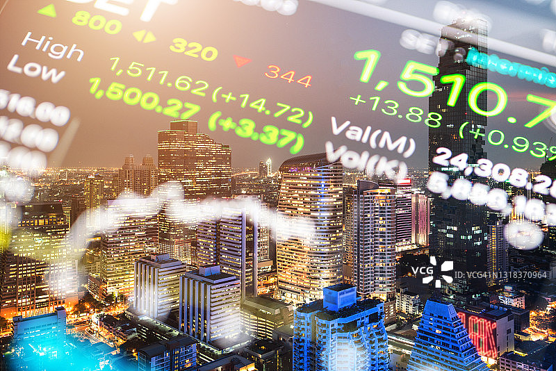城市夜景背景下的K线图上升趋势股市图片素材