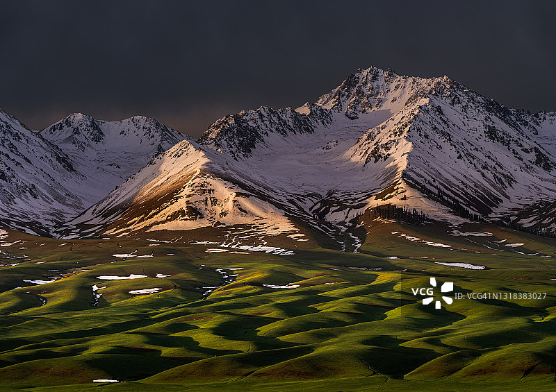 日出时分的草地河流图片素材