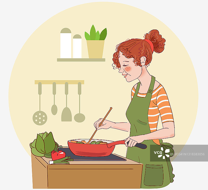 年轻女人在厨房做饭。健康食品插图。健康生活方式概念。在家做饭。准备食物图片素材