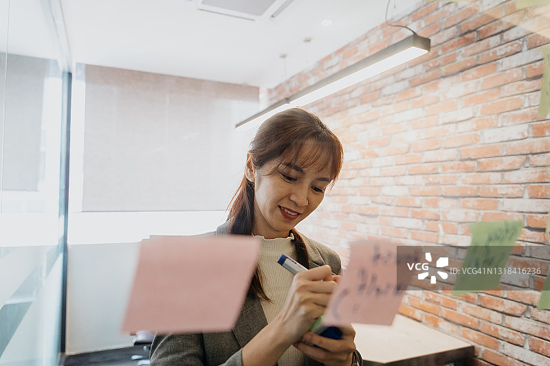 年轻的亚洲女商人看着玻璃上的便利贴图片素材