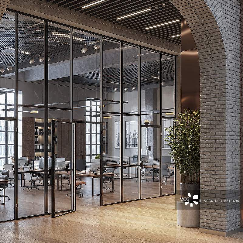 带有大型玻璃隔断的现代办公室3D渲染图片素材