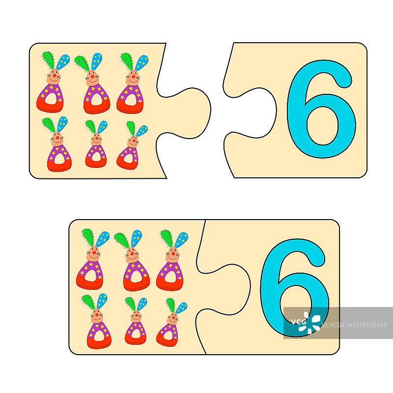 儿童教育游戏：为数字找到正确的图片，数字6和玩具软兔子的谜题，益智游戏，镶嵌，键入数字图片素材