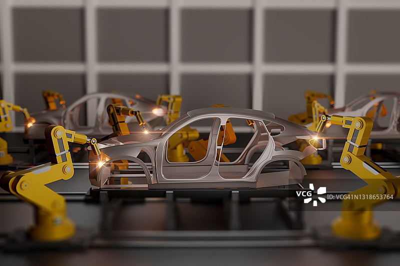 自动机械臂焊接汽车框架图片素材
