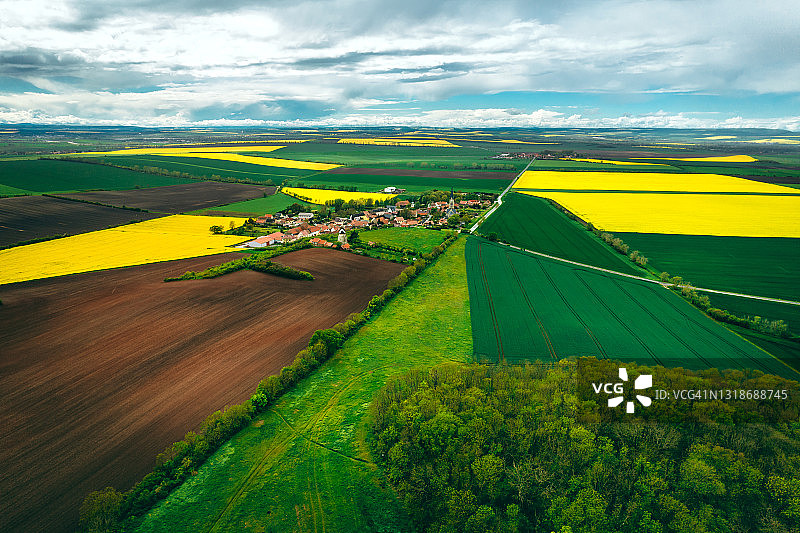 农业田地和春季景观鸟瞰图图片素材