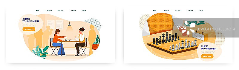 国际象棋比赛着陆页设计，网站banner矢量模板集。两位女性在玩国际象棋棋盘游戏。图片素材