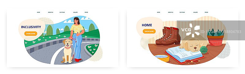 包容性着陆页设计，网站banner矢量模板集。盲人妇女与手杖和导盲犬图片素材