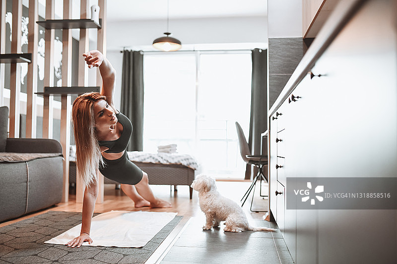 美女与小狗在家锻炼的侧平板支撑图片素材