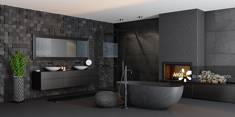 带壁炉的现代简约浴室图片素材