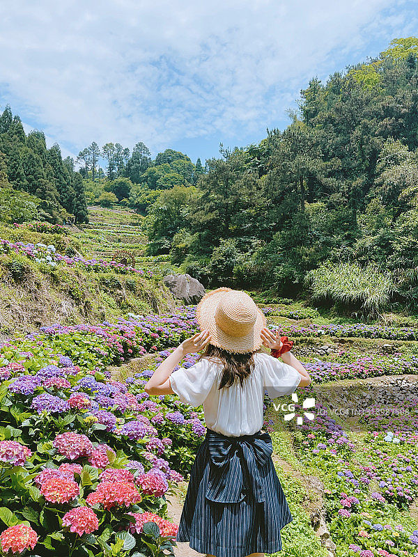 站在花田里的年轻女孩图片素材