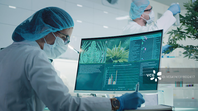 女科学家检查医用大麻，检测植物样本，电脑屏幕上有图表和模型，团队在后台图片素材