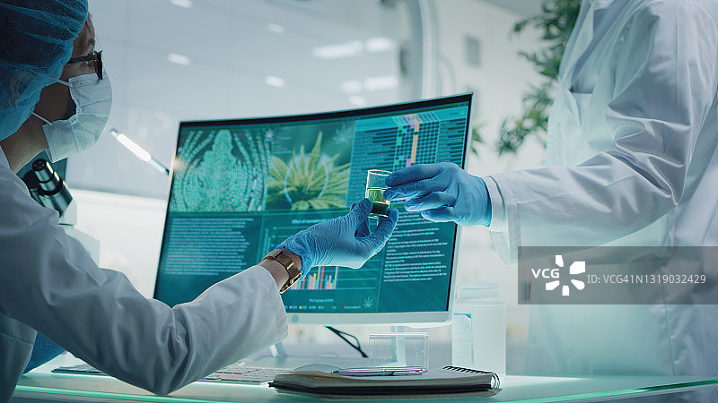 正在检查医用大麻的不同科学家，传递CBD油样品，电脑屏幕上的图表和模型图片素材