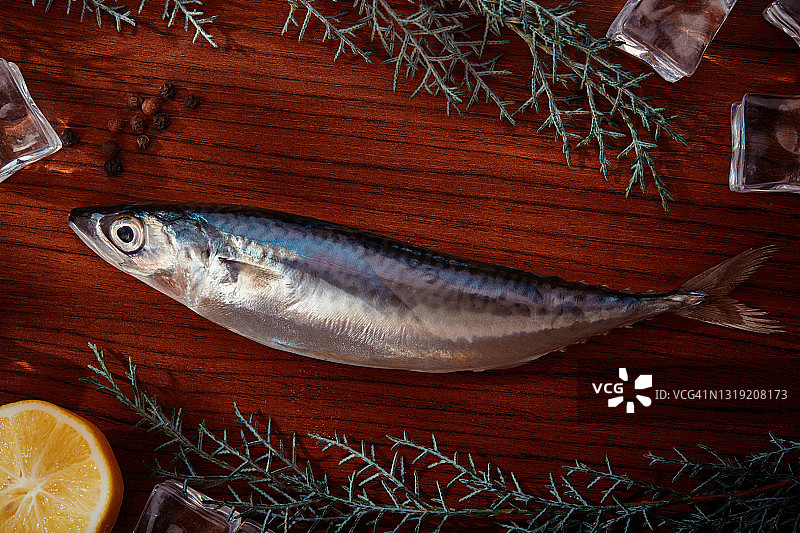 木桌上的新鲜鲭鱼图片素材