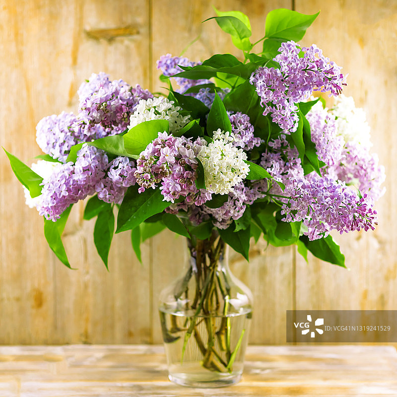 玻璃花瓶中丁香花枝的春季花束，木桌，室内乡村风格图片素材