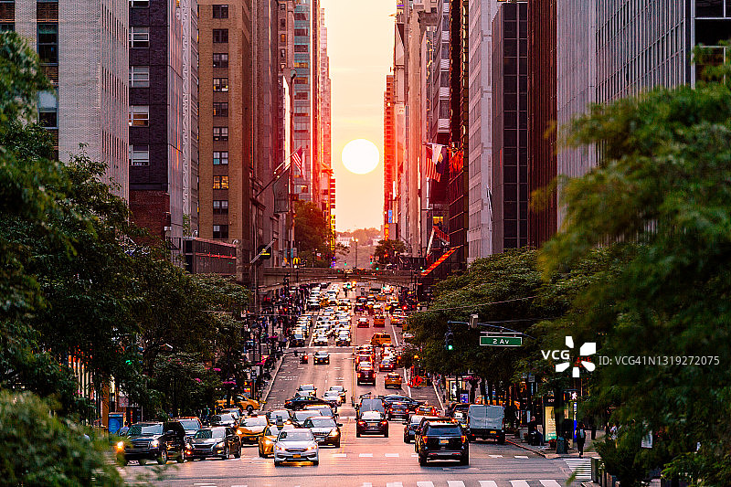 美国纽约曼哈顿悬日日落时分的城市交通图片素材