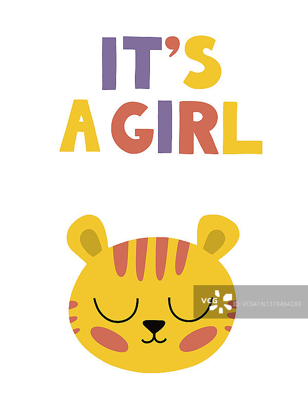 手绘女孩贺卡与老虎宝宝插画图片素材