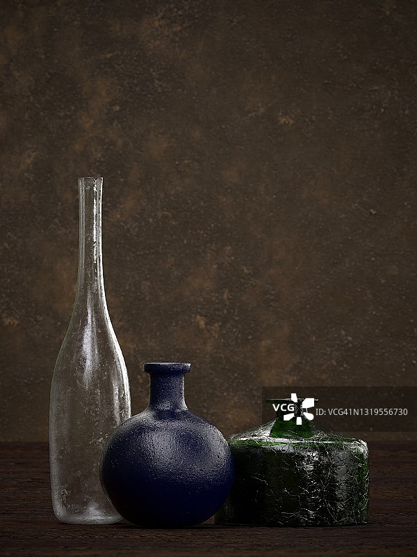 三只古董瓶子静物照片写实3D渲染图片素材